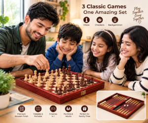3-in-1 Wooden Chess Board Game Set – Chess, Checkers & Backgammon | Foldable Strategy Board Game for Kids & Adults